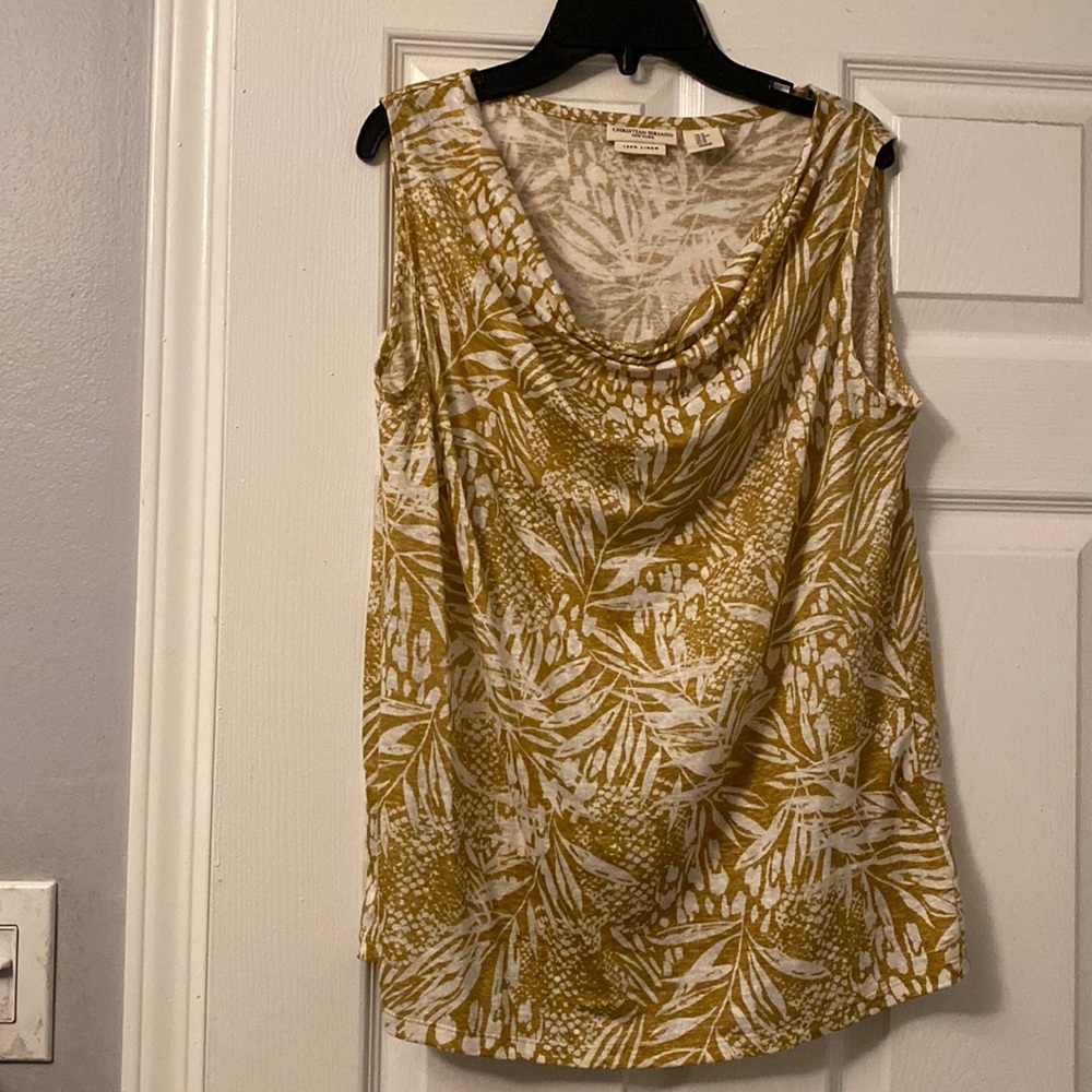 Christian Siriano Mustard Yellow and White Printed Cowl Neck Tank Top